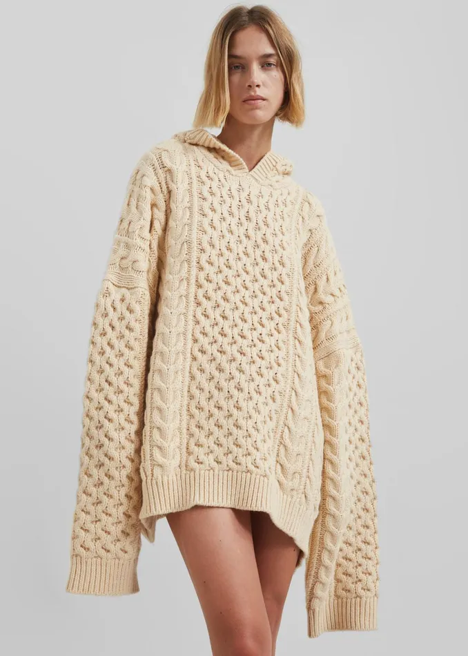 Women Adare Braided Knit Hoodie 8211 Beige The Frankie Shop Knitwear