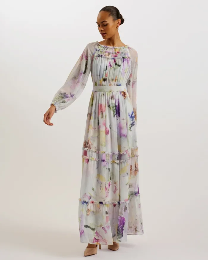 Women BELLAS 8211 Long Sleeve Ruffle Detail Maxi Dress White Ted Baker Dresses