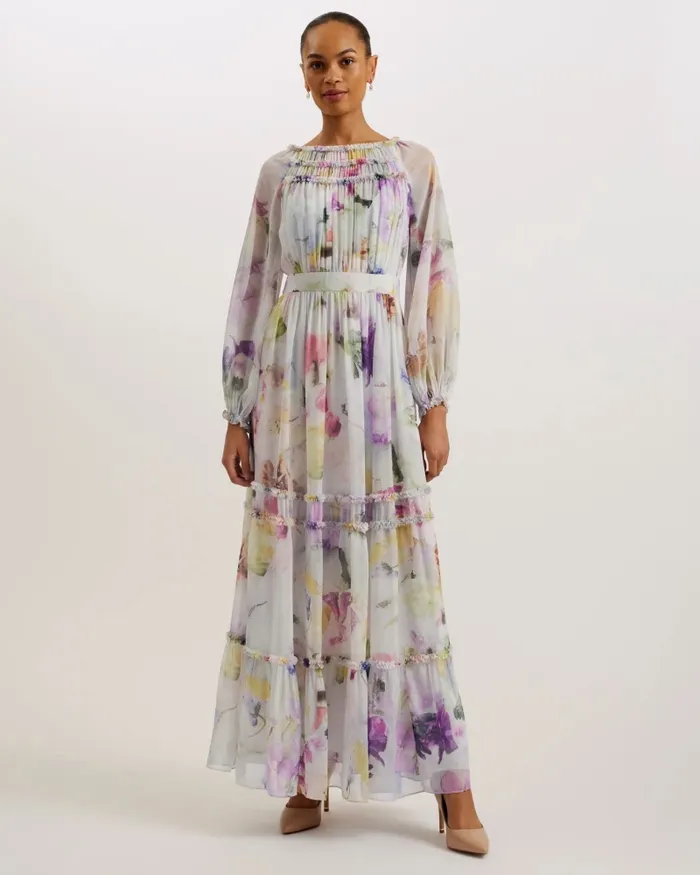 Women BELLAS 8211 Long Sleeve Ruffle Detail Maxi Dress White Ted Baker Dresses