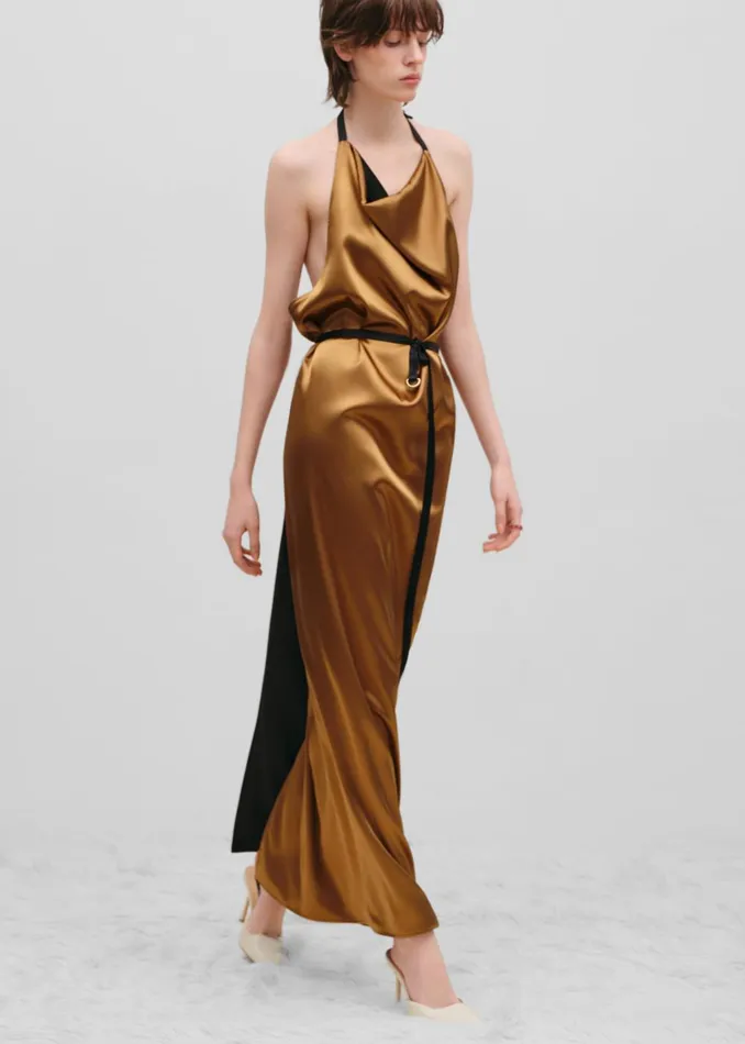 Women Bevza Apron Long Dress 8211 GoldBlack The Frankie Shop Dresses