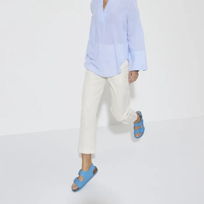Women Birkenstock BackAnkleStrap Milano Big Buckle High Shine Sky Blue