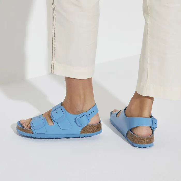 Women Birkenstock BackAnkleStrap Milano Big Buckle High Shine Sky Blue