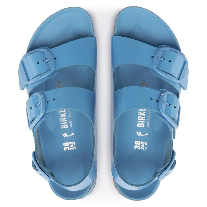 Women Birkenstock BackAnkleStrap Milano Big Buckle High Shine Sky Blue