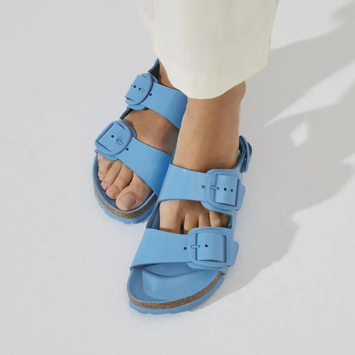 Women Birkenstock BackAnkleStrap Milano Big Buckle High Shine Sky Blue