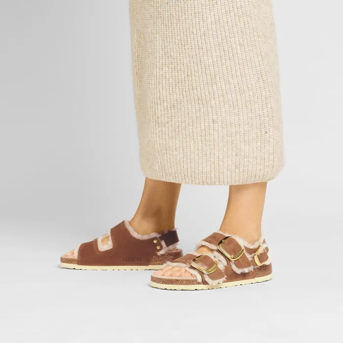 Women Birkenstock BackAnkleStrap Milano Big Buckle Shearling Cognac