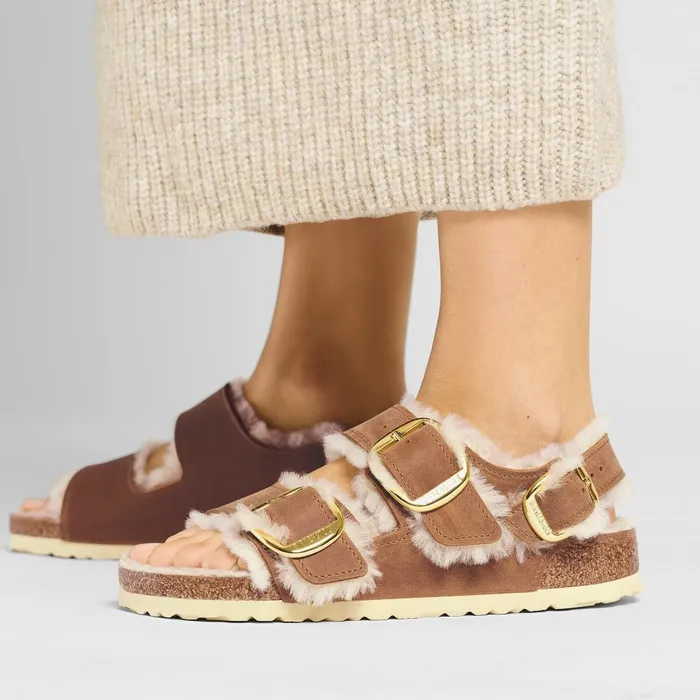 Women Birkenstock BackAnkleStrap Milano Big Buckle Shearling Cognac
