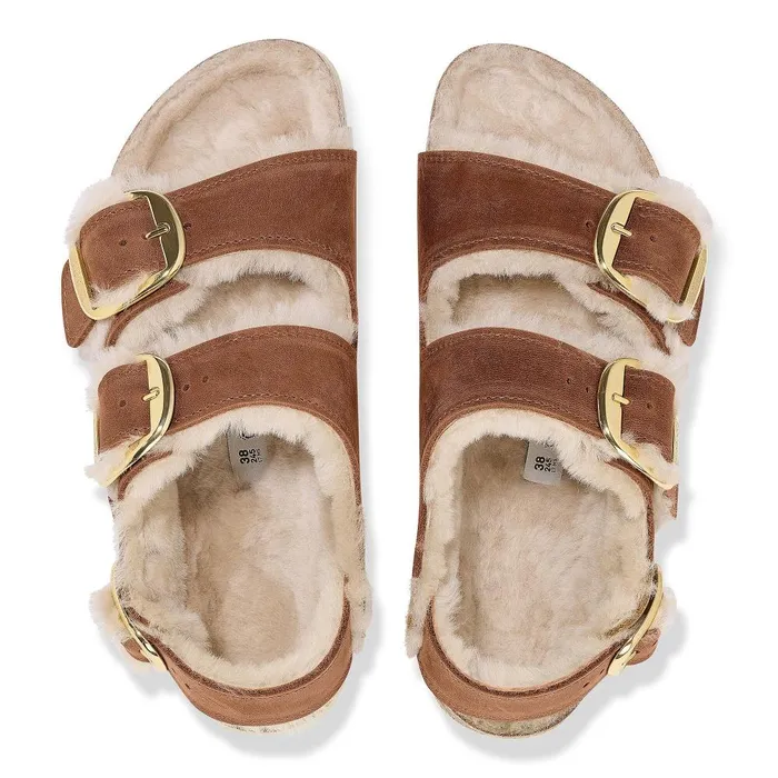 Women Birkenstock BackAnkleStrap Milano Big Buckle Shearling Cognac