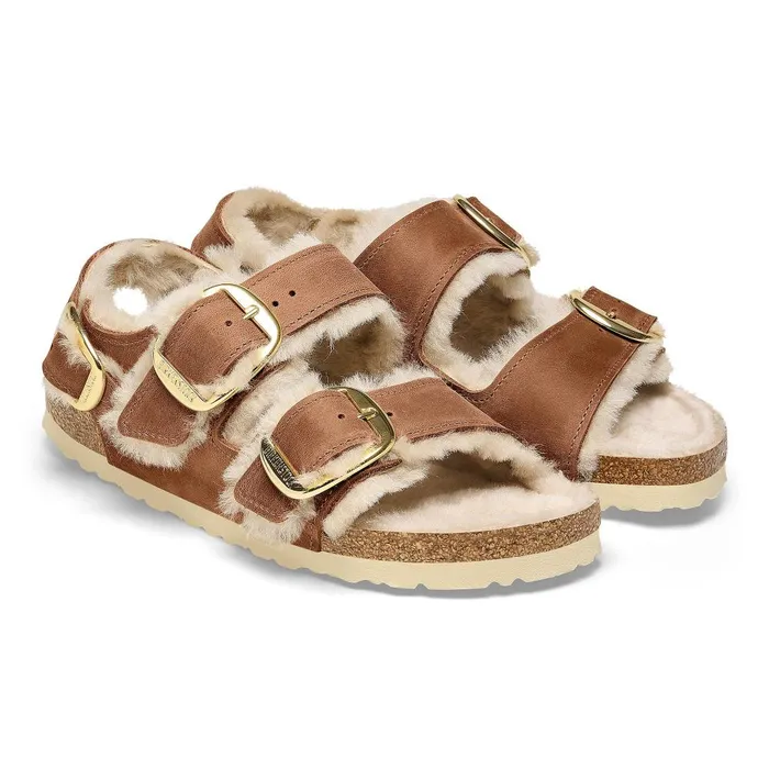 Women Birkenstock BackAnkleStrap Milano Big Buckle Shearling Cognac