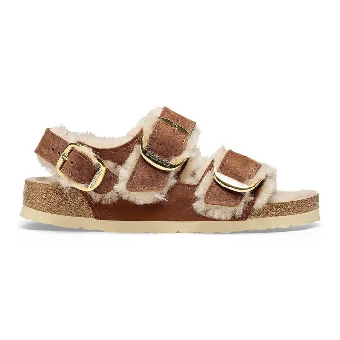 Women Birkenstock BackAnkleStrap Milano Big Buckle Shearling Cognac