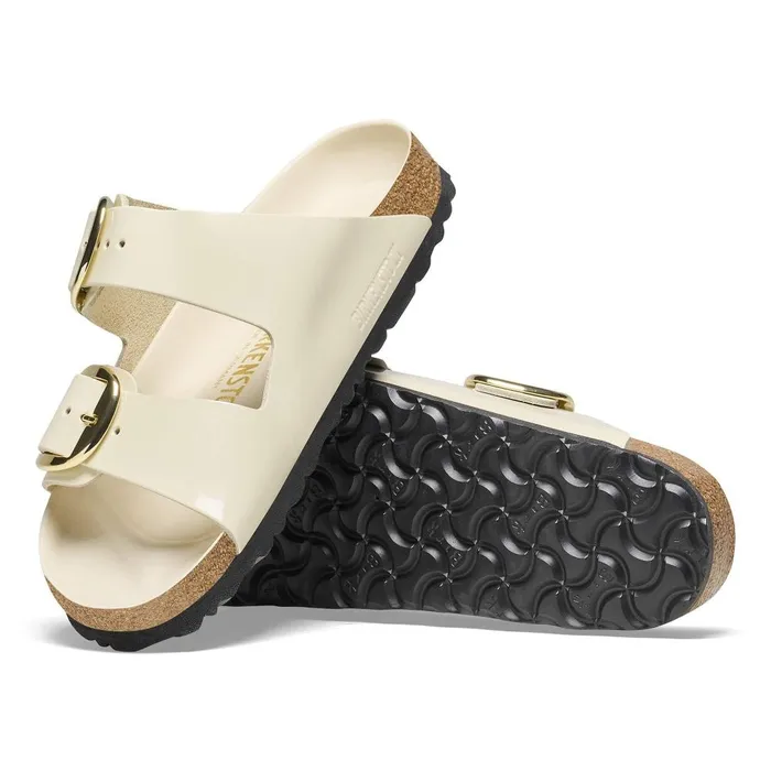 Women Birkenstock TwoStrap Arizona Big Buckle High Shine Ecru