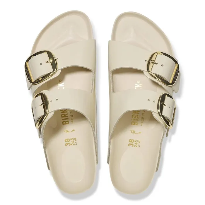 Women Birkenstock TwoStrap Arizona Big Buckle High Shine Ecru