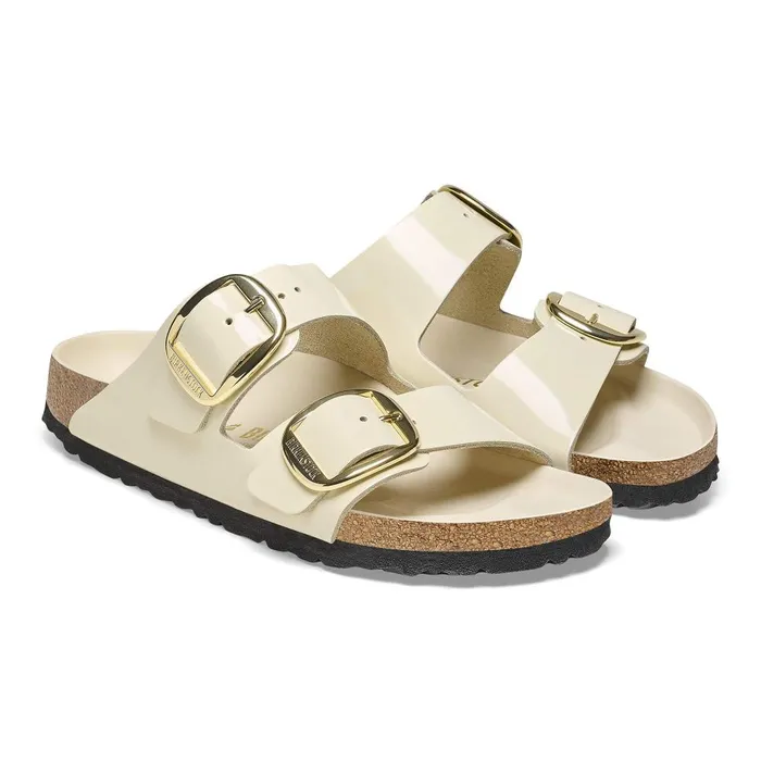 Women Birkenstock TwoStrap Arizona Big Buckle High Shine Ecru