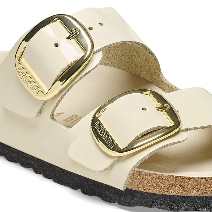 Women Birkenstock TwoStrap Arizona Big Buckle High Shine Ecru