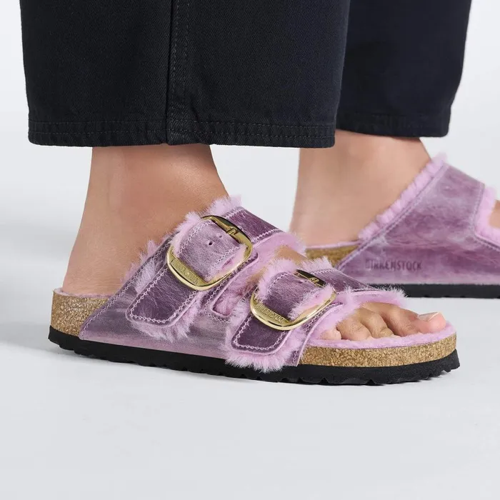 Women Birkenstock TwoStrap Arizona Big Buckle Shearling Lavender