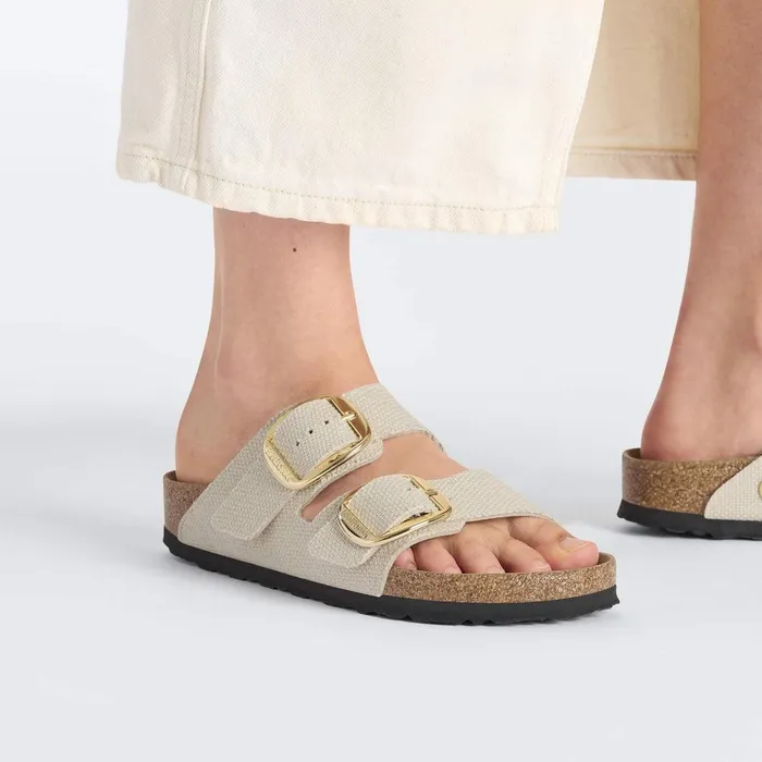 Women Birkenstock TwoStrap Arizona Vegan Big Buckle Canvas Eggshell