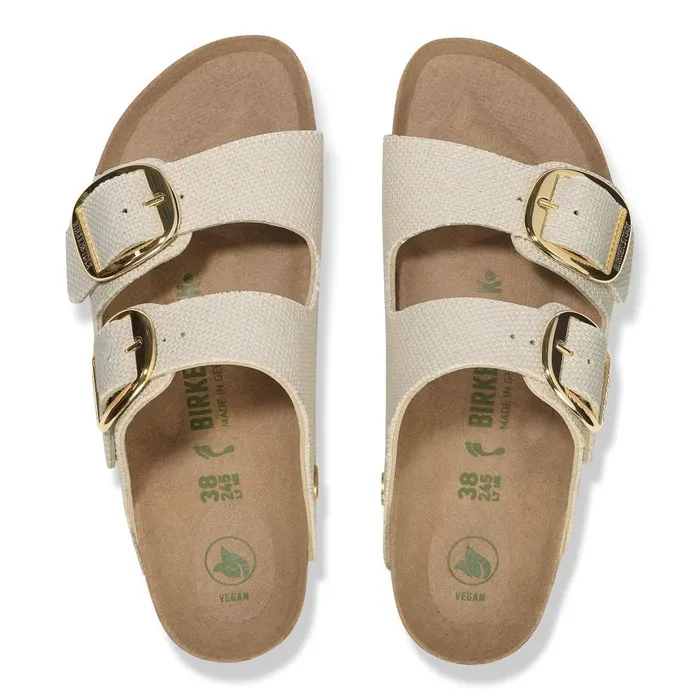 Women Birkenstock TwoStrap Arizona Vegan Big Buckle Canvas Eggshell