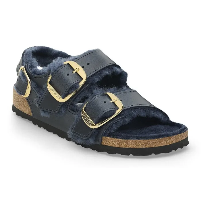 Women Birkenstock TwoStrap Milano Big Buckle Shearling Midnight