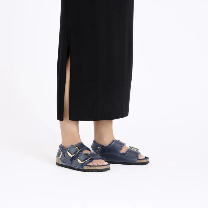 Women Birkenstock TwoStrap Milano Big Buckle Shearling Midnight