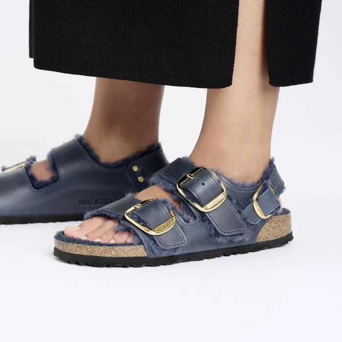 Women Birkenstock TwoStrap Milano Big Buckle Shearling Midnight