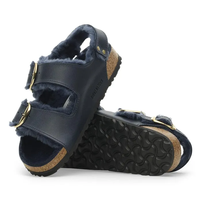 Women Birkenstock TwoStrap Milano Big Buckle Shearling Midnight