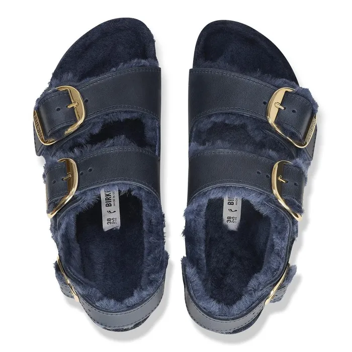 Women Birkenstock TwoStrap Milano Big Buckle Shearling Midnight