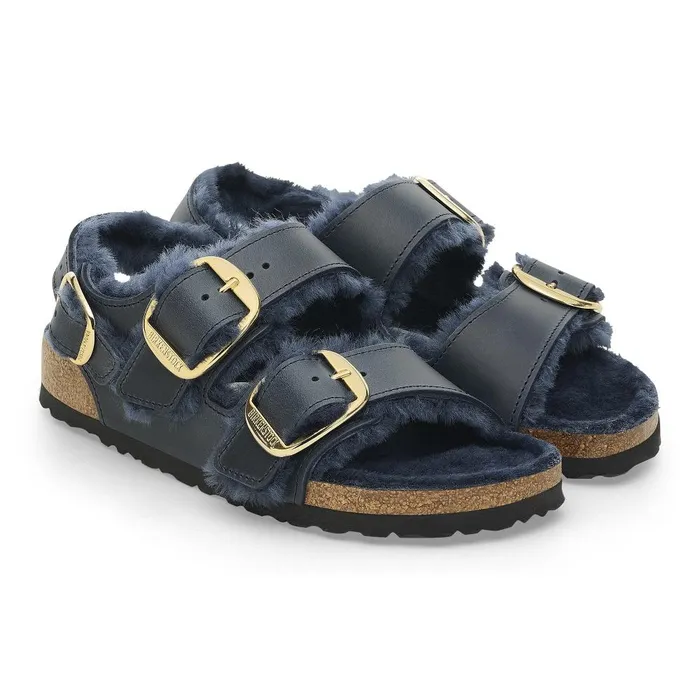 Women Birkenstock TwoStrap Milano Big Buckle Shearling Midnight