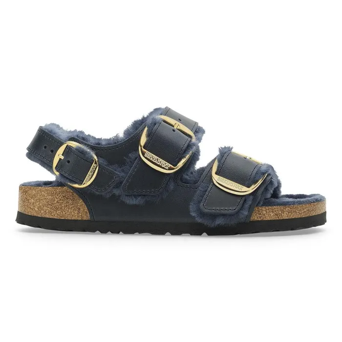 Women Birkenstock TwoStrap Milano Big Buckle Shearling Midnight