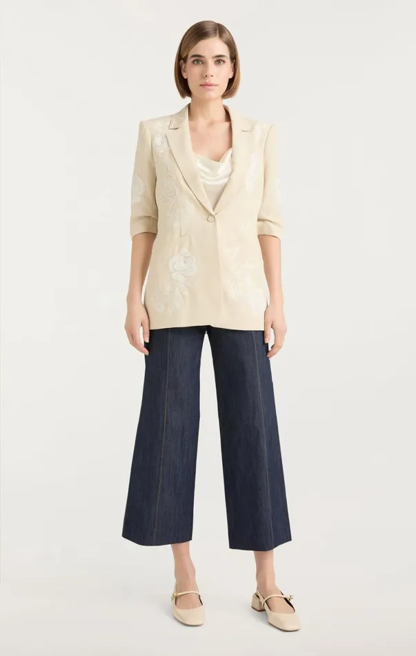 Women Blazers Cinq Sept Floating Roses Embellished Short Sleeve Khloe Blazer Plasterivory