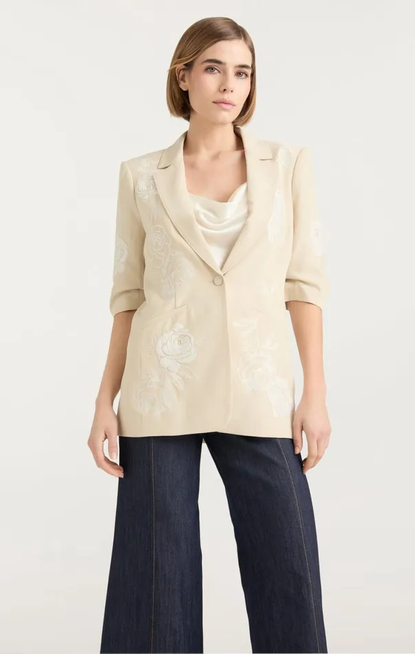 Women Blazers Cinq Sept Floating Roses Embellished Short Sleeve Khloe Blazer Plasterivory