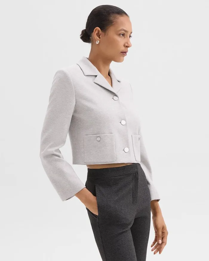 Women Blazers Jackets Theory Boxy Patch Pocket Blazer In Herringbone Knit Light Grey Melange