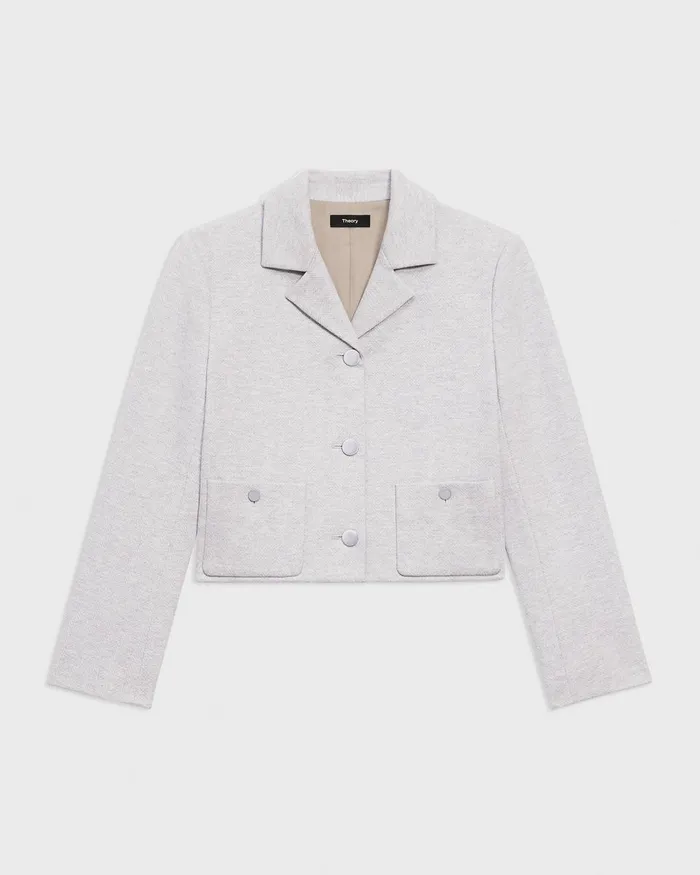 Women Blazers Jackets Theory Boxy Patch Pocket Blazer In Herringbone Knit Light Grey Melange