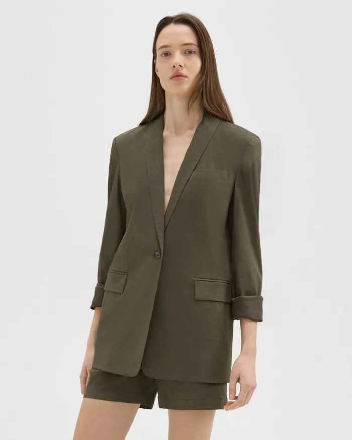 Women Blazers Jackets Theory Rolled Sleeve Blazer In Stretch Linen Dark Olive