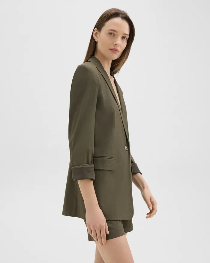 Women Blazers Jackets Theory Rolled Sleeve Blazer In Stretch Linen Dark Olive