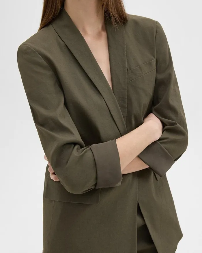 Women Blazers Jackets Theory Rolled Sleeve Blazer In Stretch Linen Dark Olive