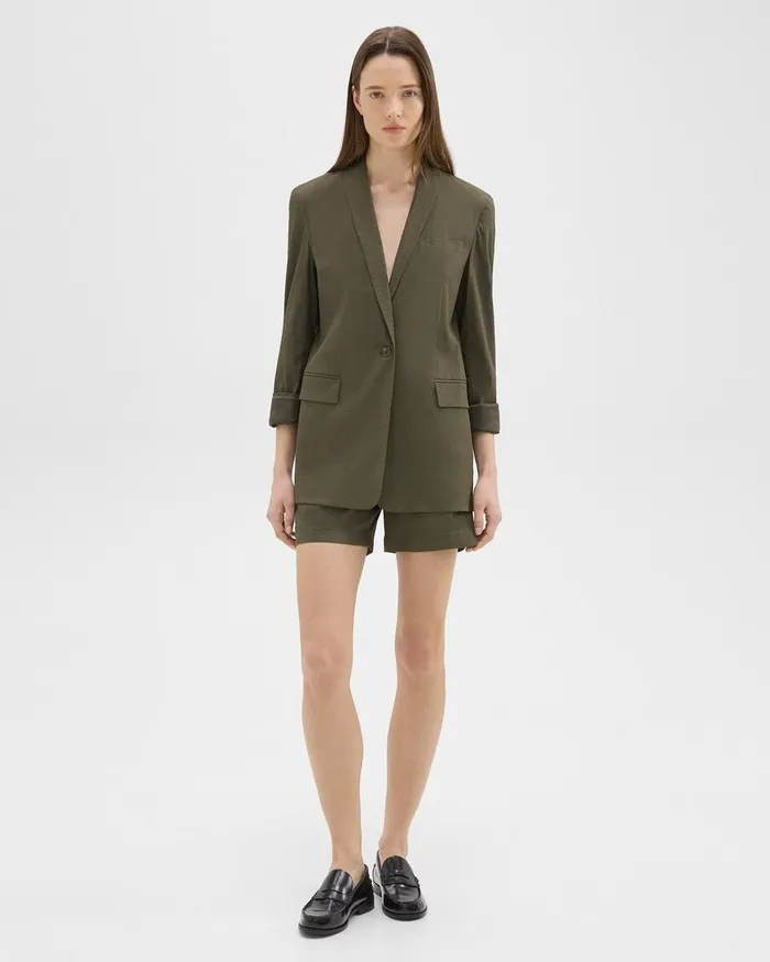 Women Blazers Jackets Theory Rolled Sleeve Blazer In Stretch Linen Dark Olive