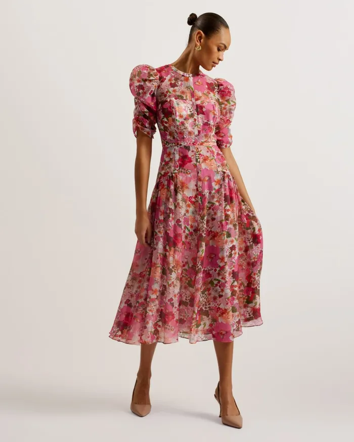 Women BOTANI 8211 Floral Print Puff Sleeve Midi Dress Pink Ted Baker Dresses Women BOTANI 8211 Floral Print Puff Sleeve Midi Dress Pink Ted Baker Dresses
