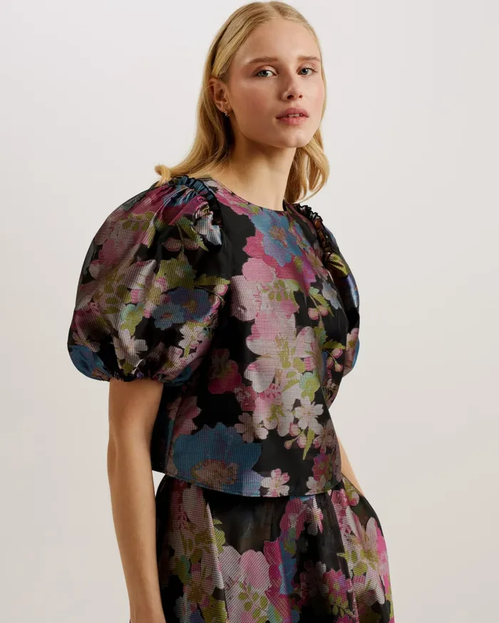 Women BURSAN 8211 Jacquard Cropped Top With Puff Sleeves Black Ted Baker Tops and Blouses
