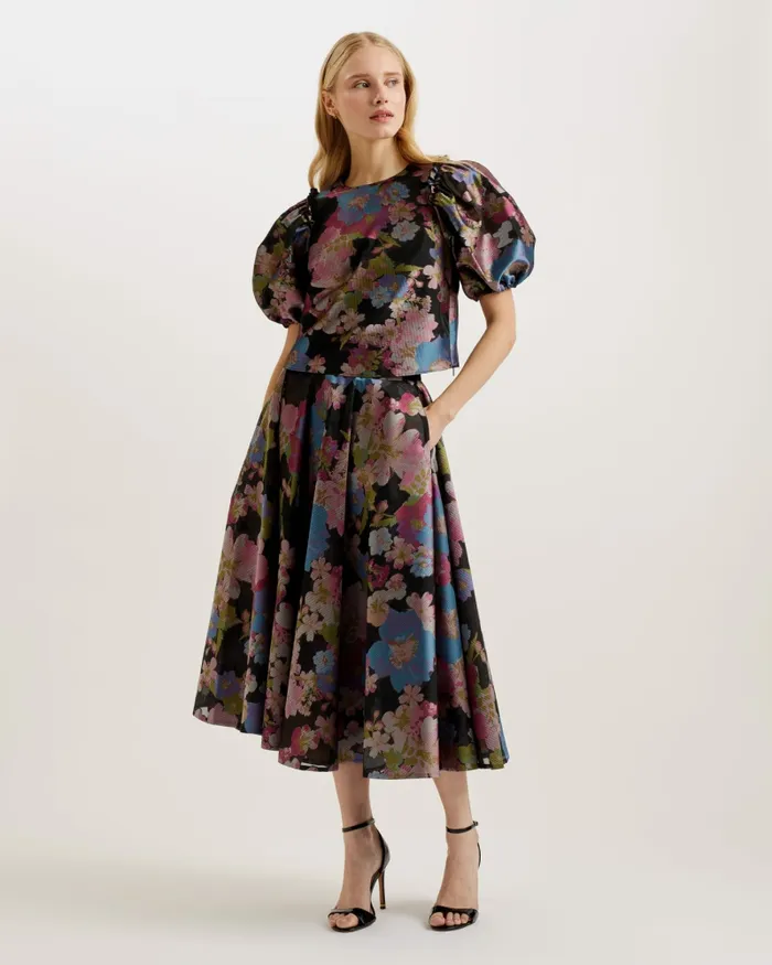 Women BURSAN 8211 Jacquard Cropped Top With Puff Sleeves Black Ted Baker Tops and Blouses