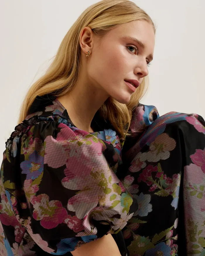 Women BURSAN 8211 Jacquard Cropped Top With Puff Sleeves Black Ted Baker Tops and Blouses