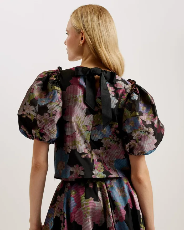 Women BURSAN 8211 Jacquard Cropped Top With Puff Sleeves Black Ted Baker Tops and Blouses
