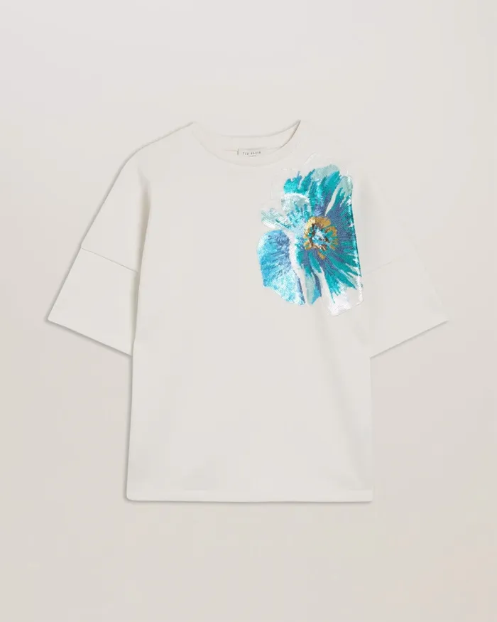 Women CARAAE 8211 Sequin Detail Boxy Cotton TShirt White Ted Baker Tops and Blouses