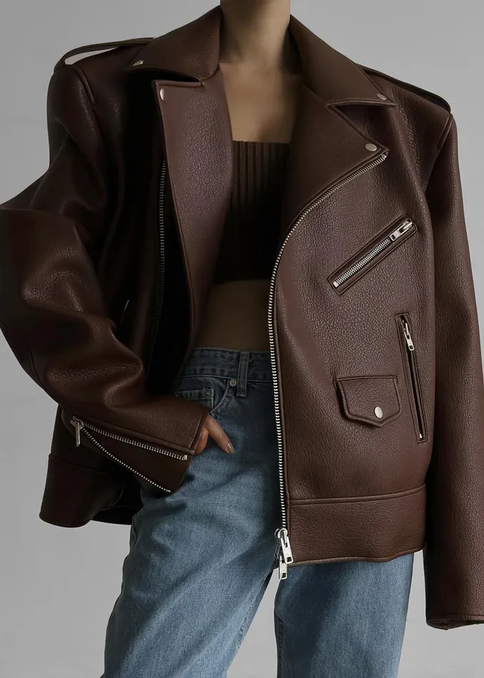 Women Chicago Oversized Biker Jacket 8211 Brown The Frankie Shop Outerwear