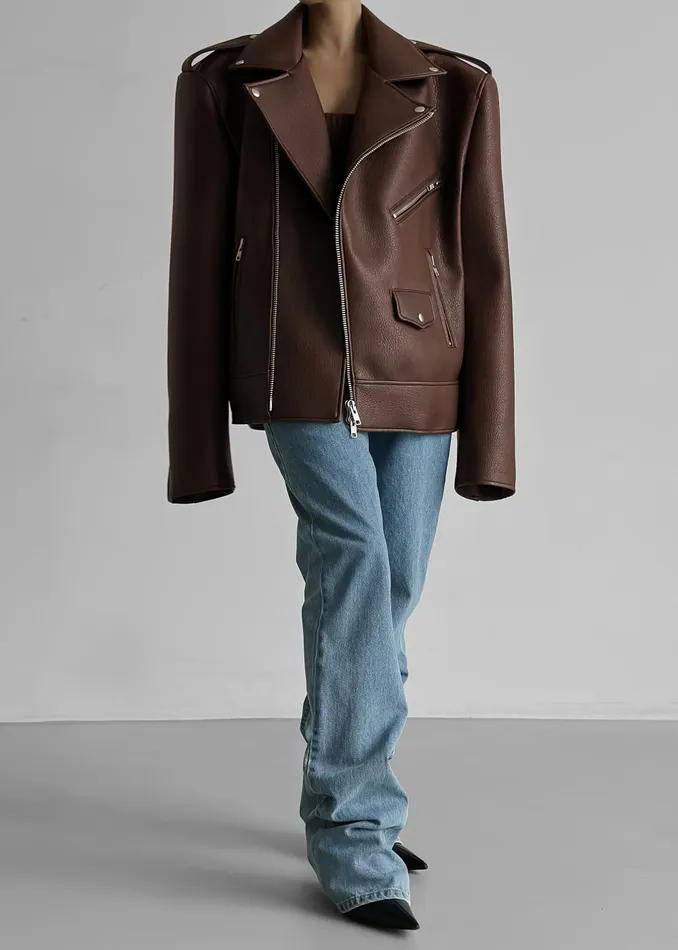 Women Chicago Oversized Biker Jacket 8211 Brown The Frankie Shop Outerwear
