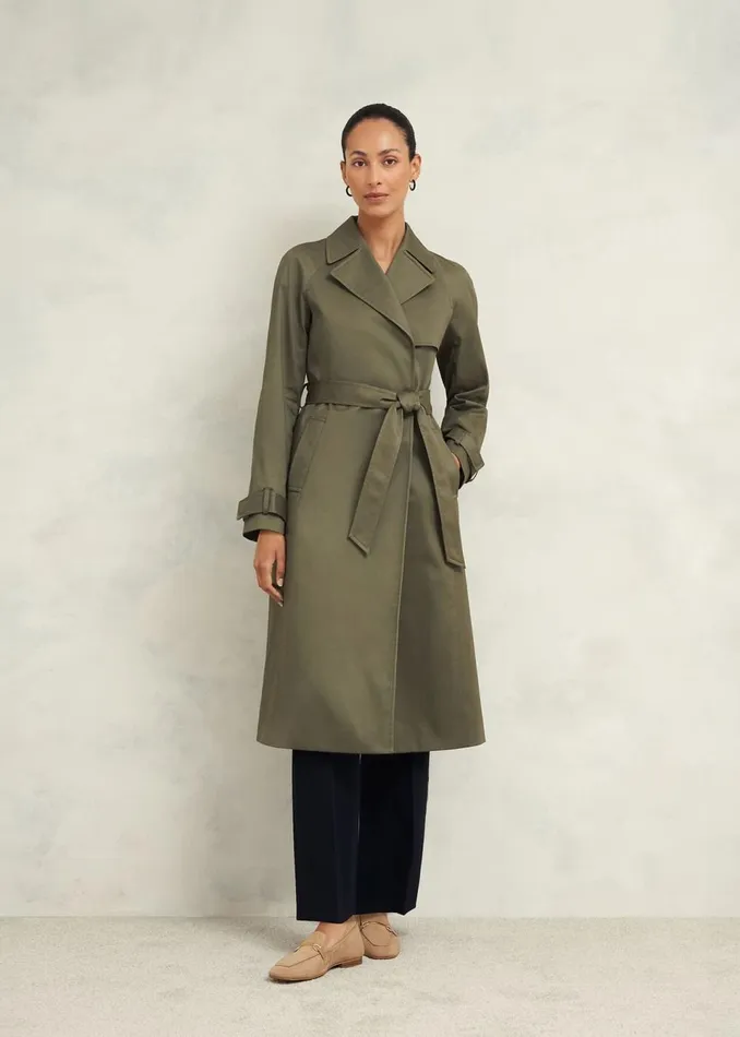 Women Coats and Jackets Hobbs Rhian Shower Resistant Trench Coat Olive Green