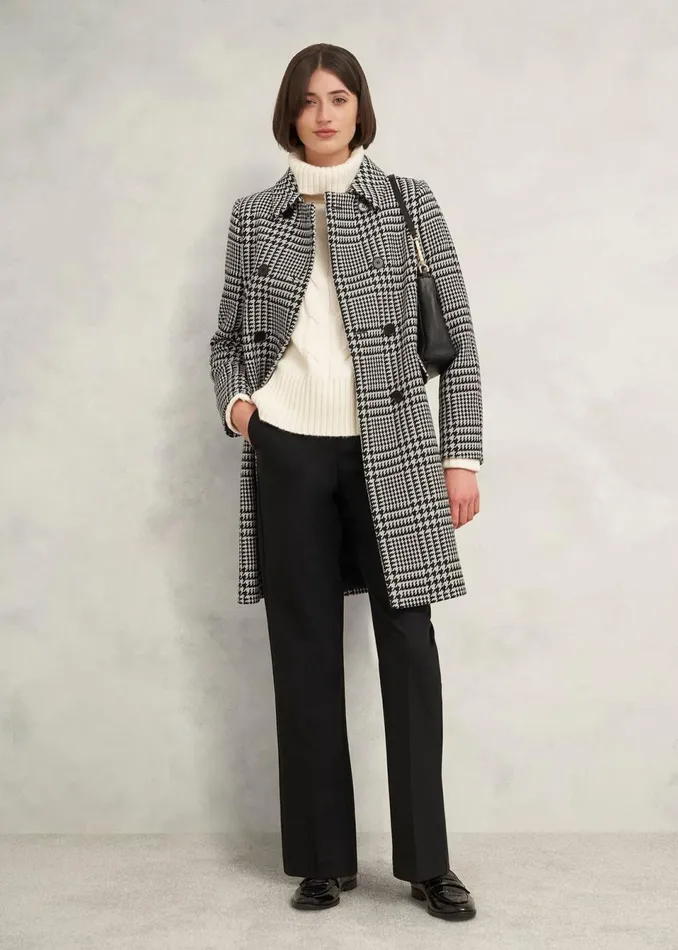 Women Coats and Jackets Hobbs Yvette Wool Blend Check Coat Black Ivory