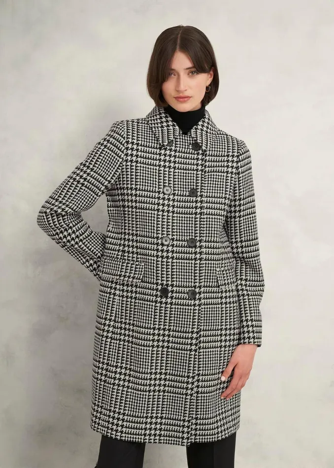 Women Coats and Jackets Hobbs Yvette Wool Blend Check Coat Black Ivory