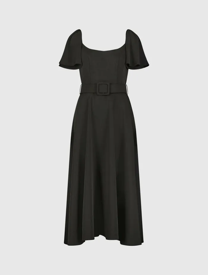 Women Crepe Ruffle Sleeve Midi Dress With Belt Black Every Day Dresses Mac Duggal