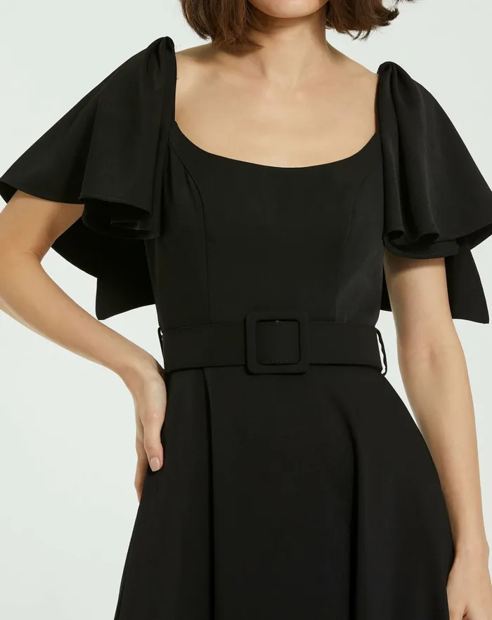 Women Crepe Ruffle Sleeve Midi Dress With Belt Black Every Day Dresses Mac Duggal