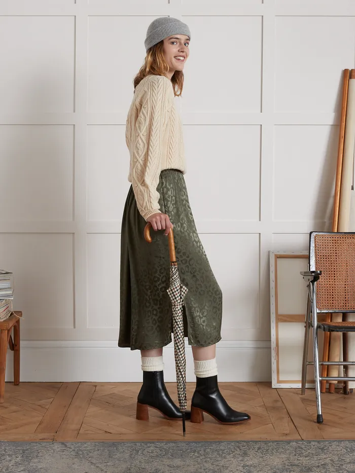 Women Cyrillus Clothing Leopard Jacquard MidLength Skirt Kaki