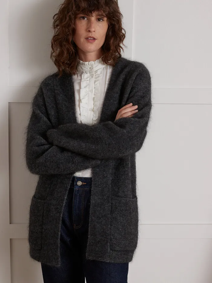 Women Cyrillus Clothing Long Marled Cardigan Gris Chine Fonce
